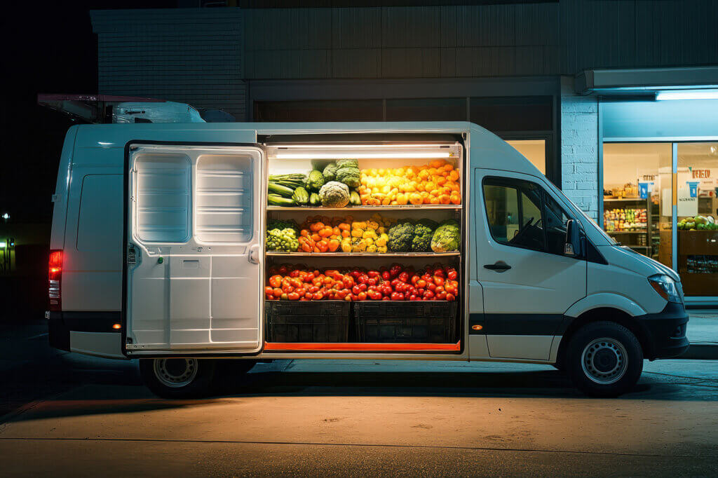 A refrigerated van full of vegetables is parked outside of a grocery store