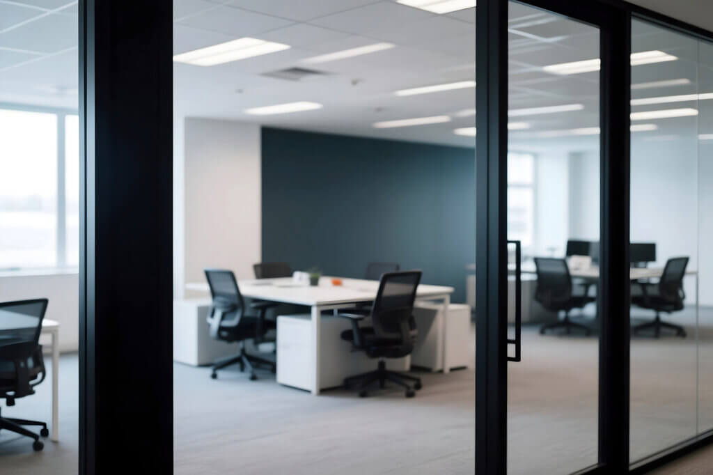 A corporate office with groups of desks against a far wall